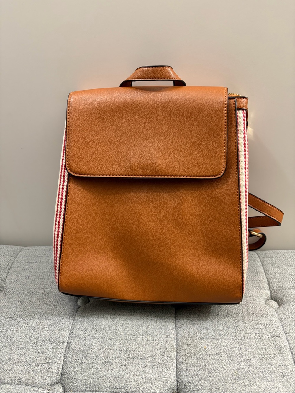 Leather Tan Women's Backpack with Red-Trim Side Straps